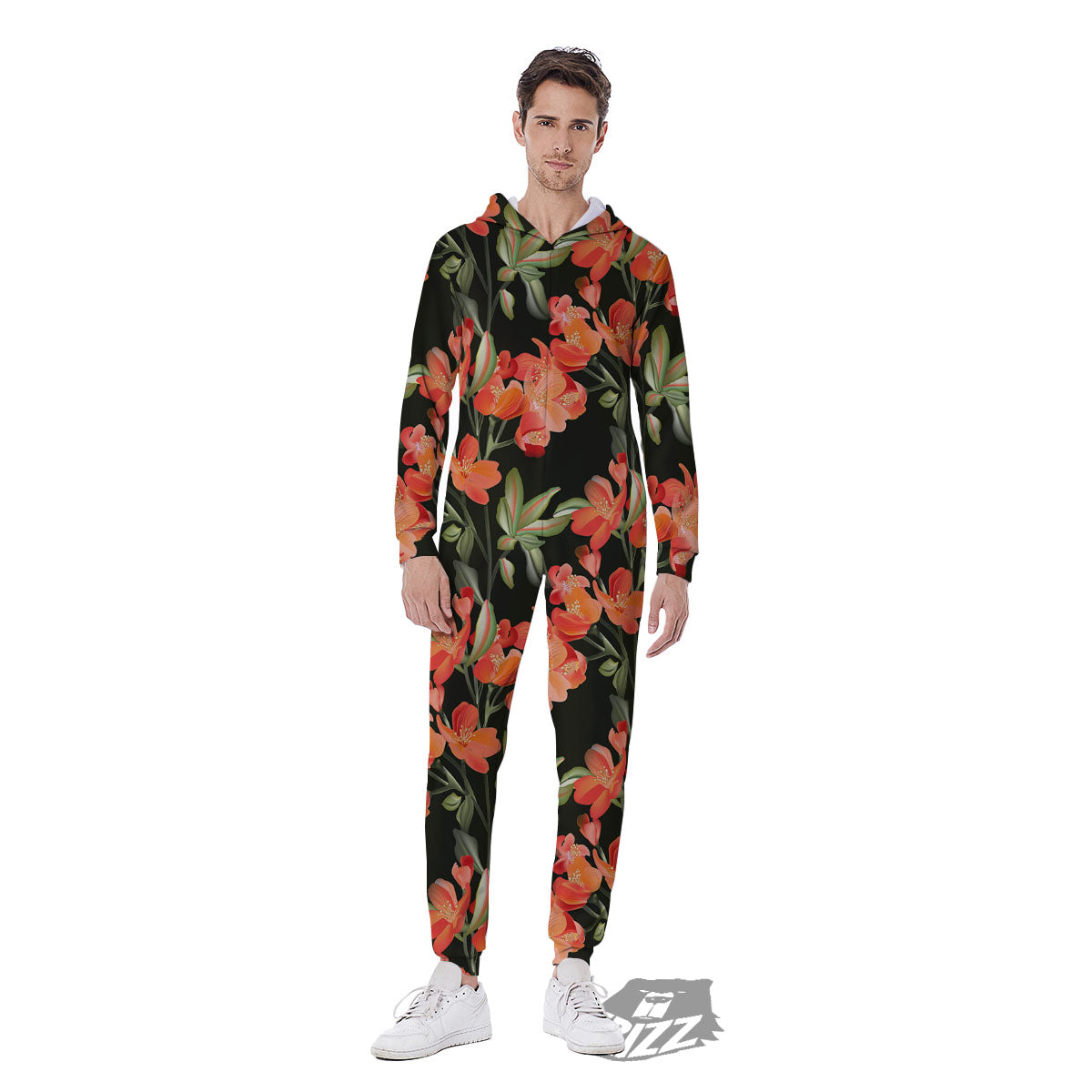 Orange Alstroemeria Print Pattern Men's Jumpsuit-grizzshop