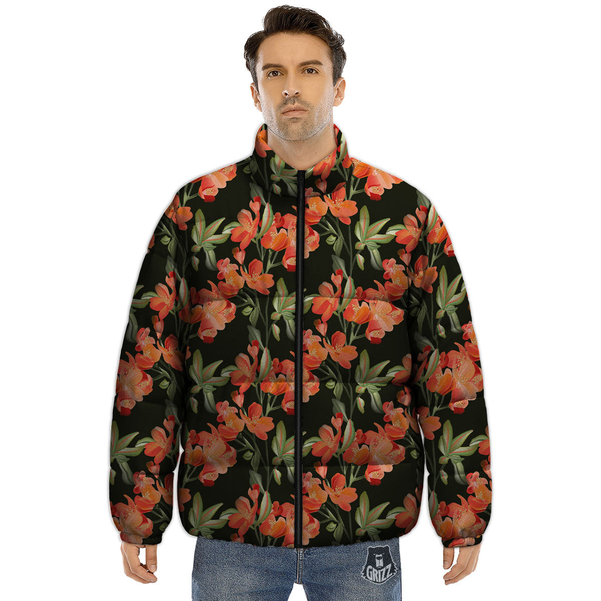 Orange Alstroemeria Print Pattern Puffer Jacket-grizzshop