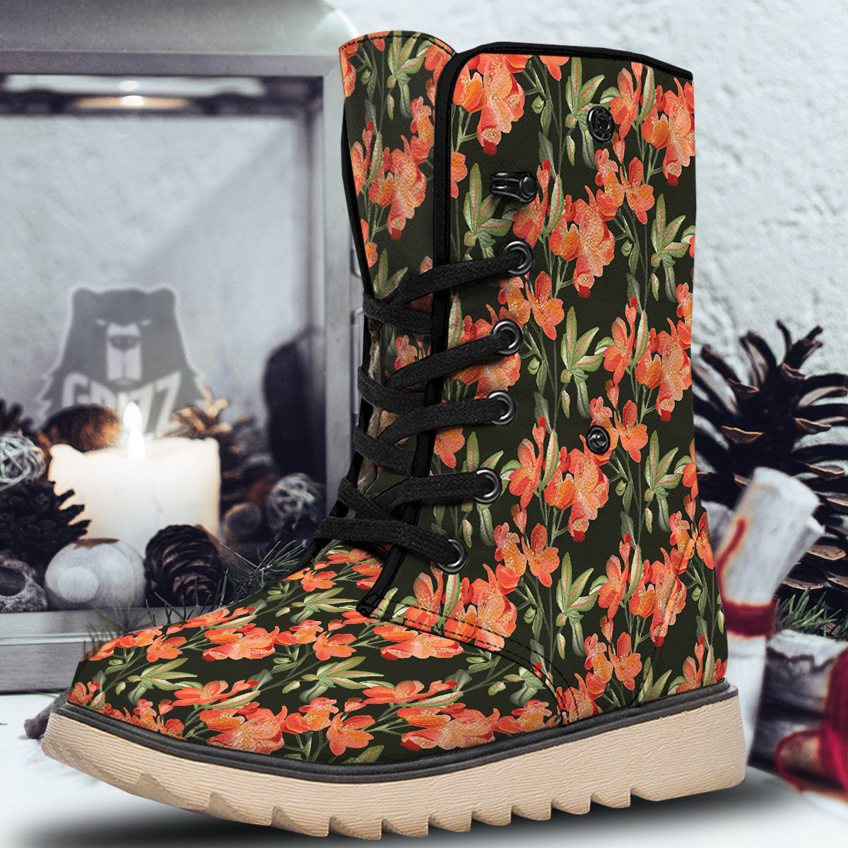 Orange Alstroemeria Print Pattern Snow Boots-grizzshop