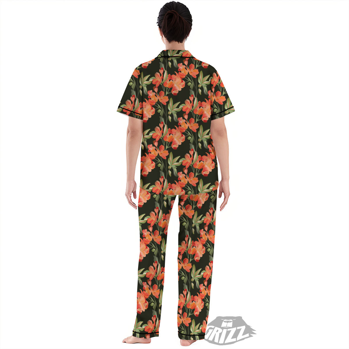 Orange Alstroemeria Print Pattern Women's Pajamas Set-grizzshop