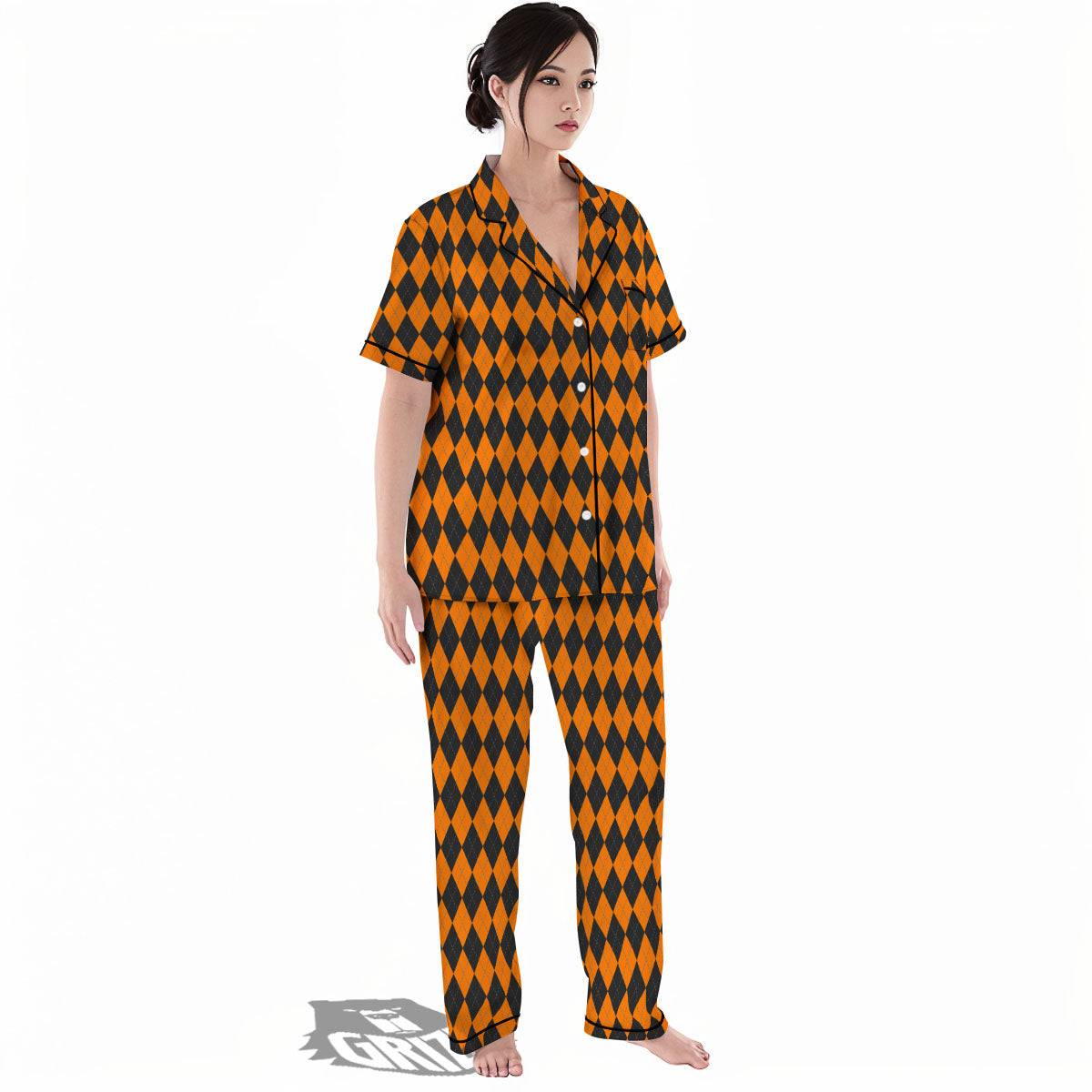 Orange And Black Argyle Print Women's Pajamas Set-grizzshop