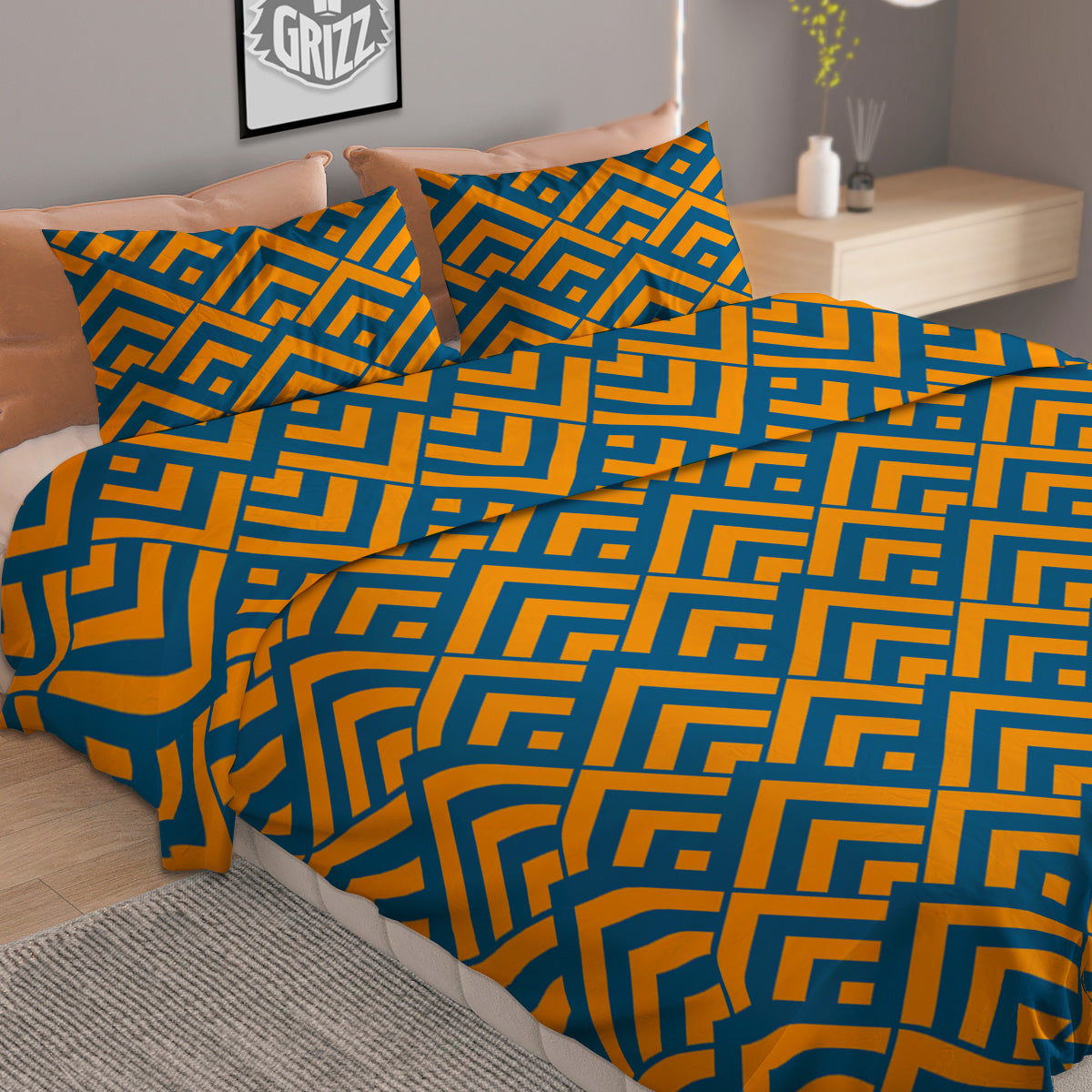 Orange And Blue Chevrons Print Pattern Duvet Cover Bedding Set