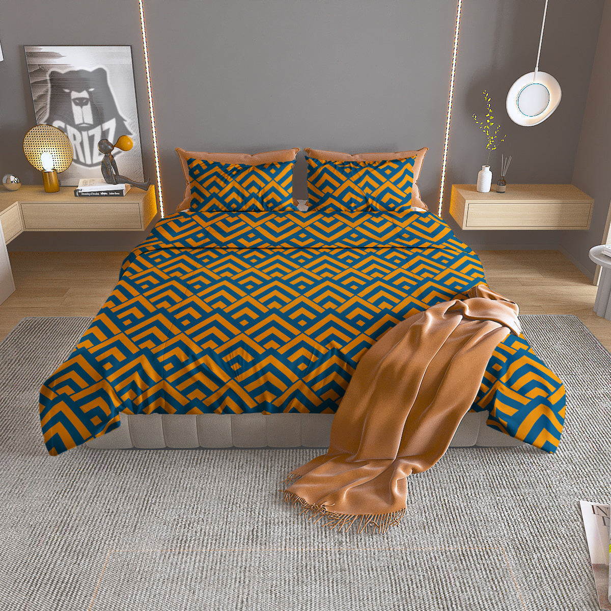 Orange And Blue Chevrons Print Pattern Duvet Cover Bedding Set