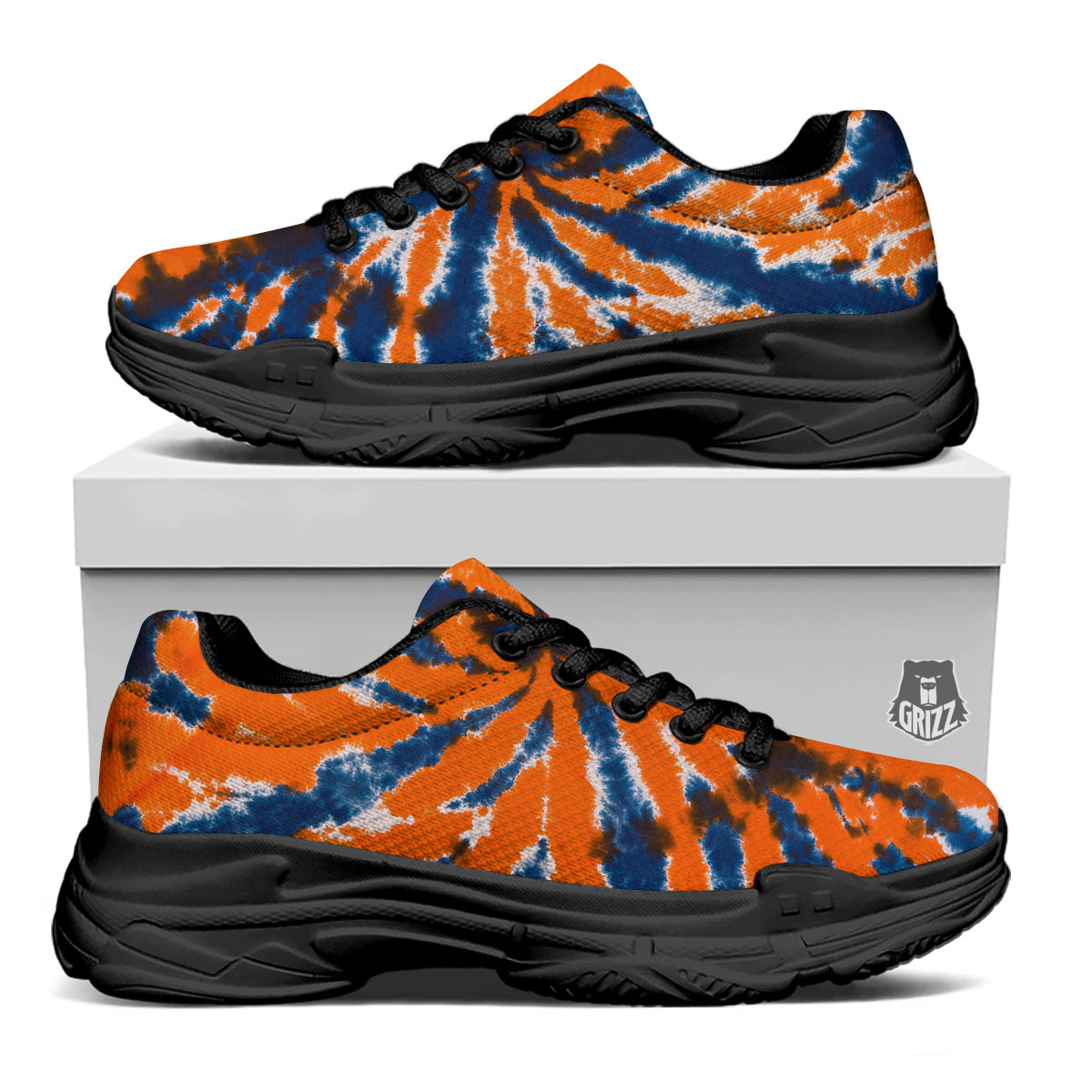 Orange And Blue Tie Dye Spider Print Black Chunky Shoes-grizzshop