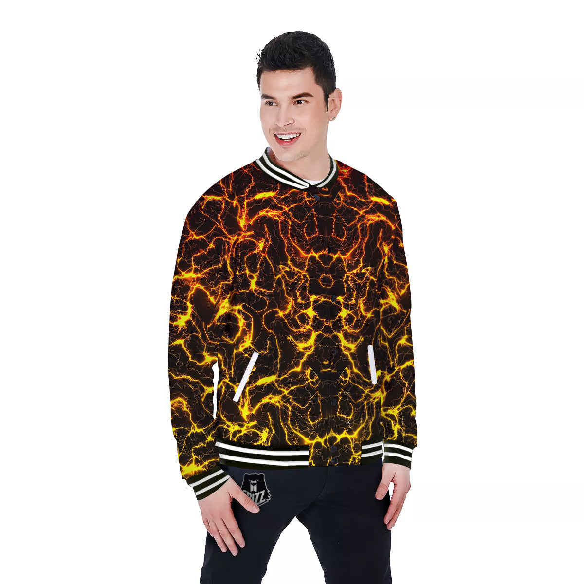 Orange And Gold Lightning Print Baseball Jacket-grizzshop