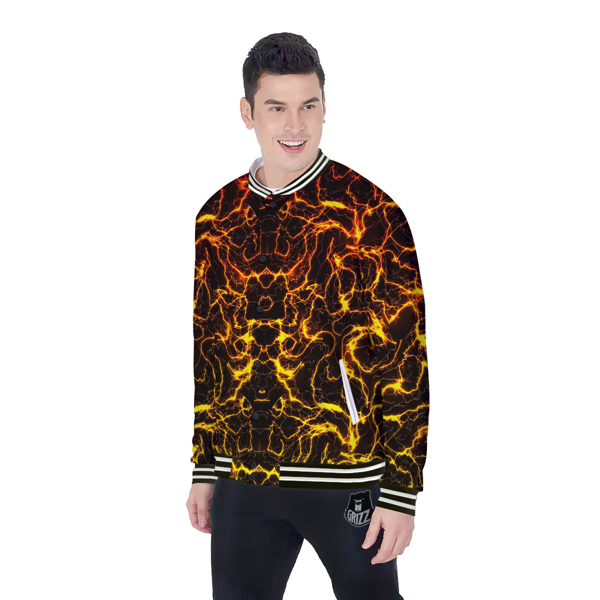 Orange And Gold Lightning Print Baseball Jacket-grizzshop