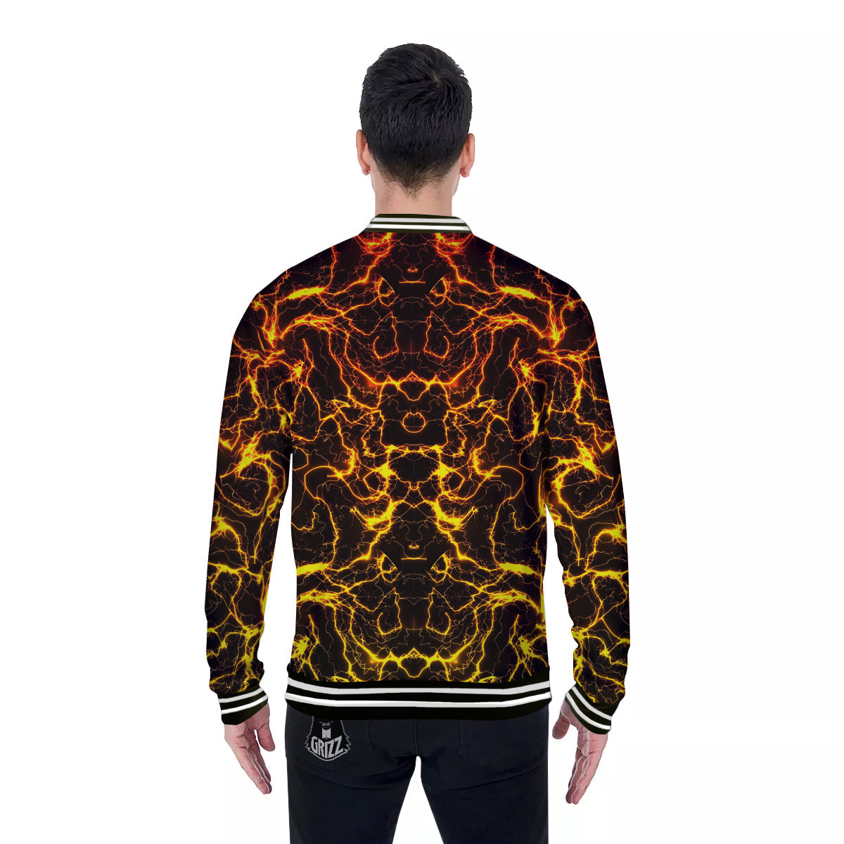 Orange And Gold Lightning Print Baseball Jacket-grizzshop