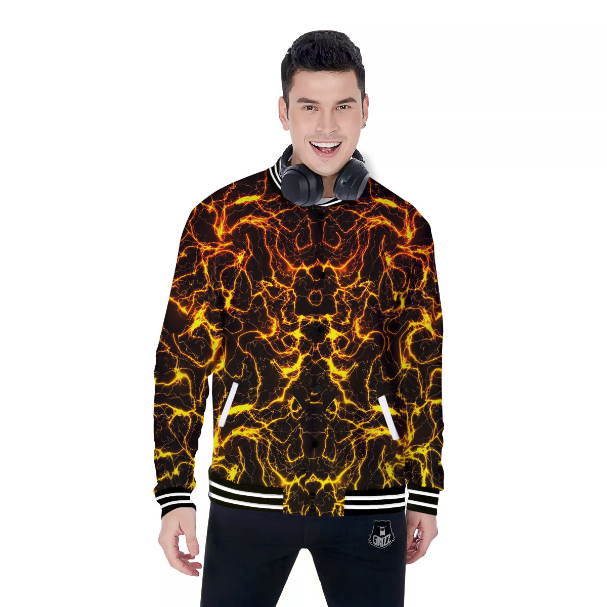 Orange And Gold Lightning Print Baseball Jacket-grizzshop