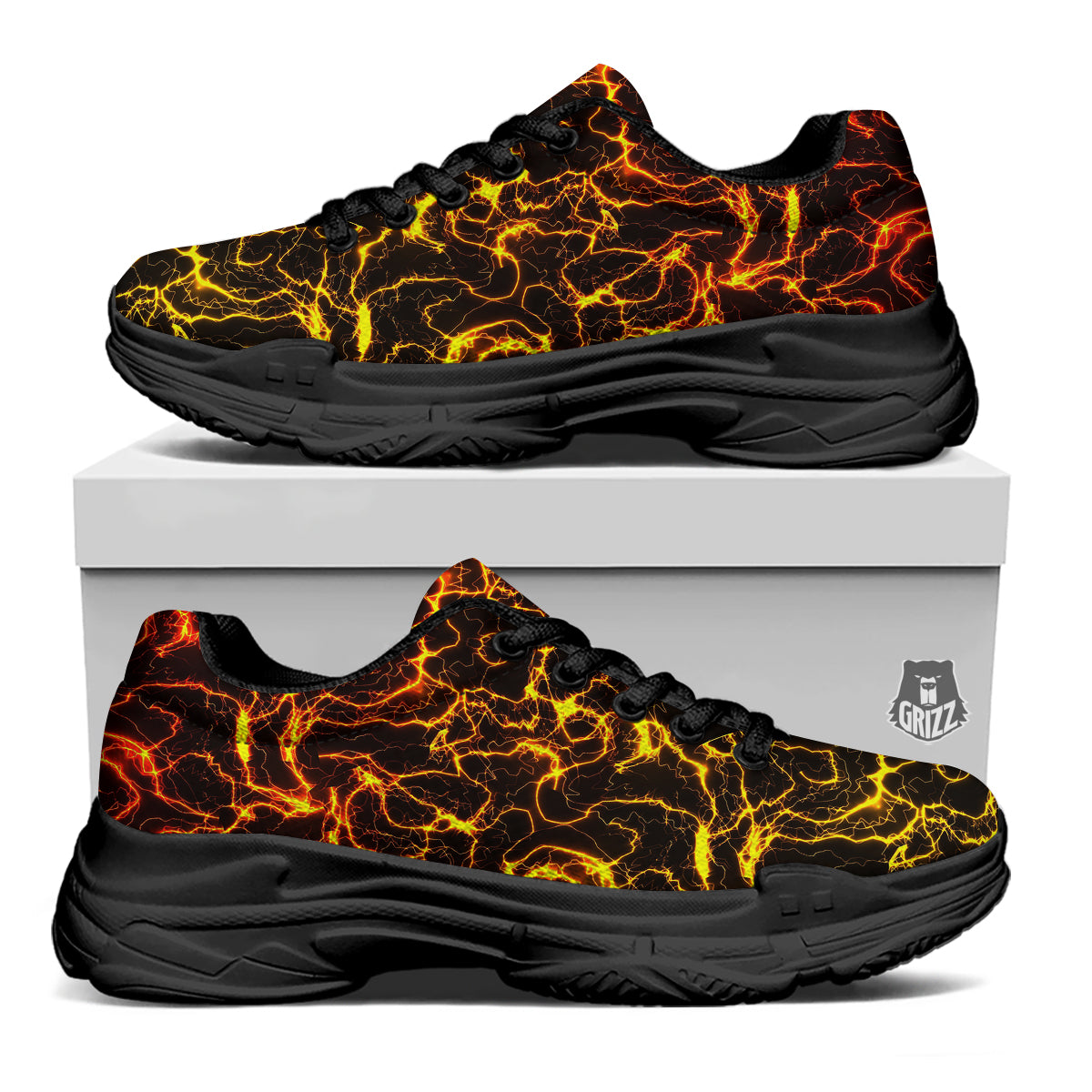 Orange And Gold Lightning Print Black Chunky Shoes-grizzshop
