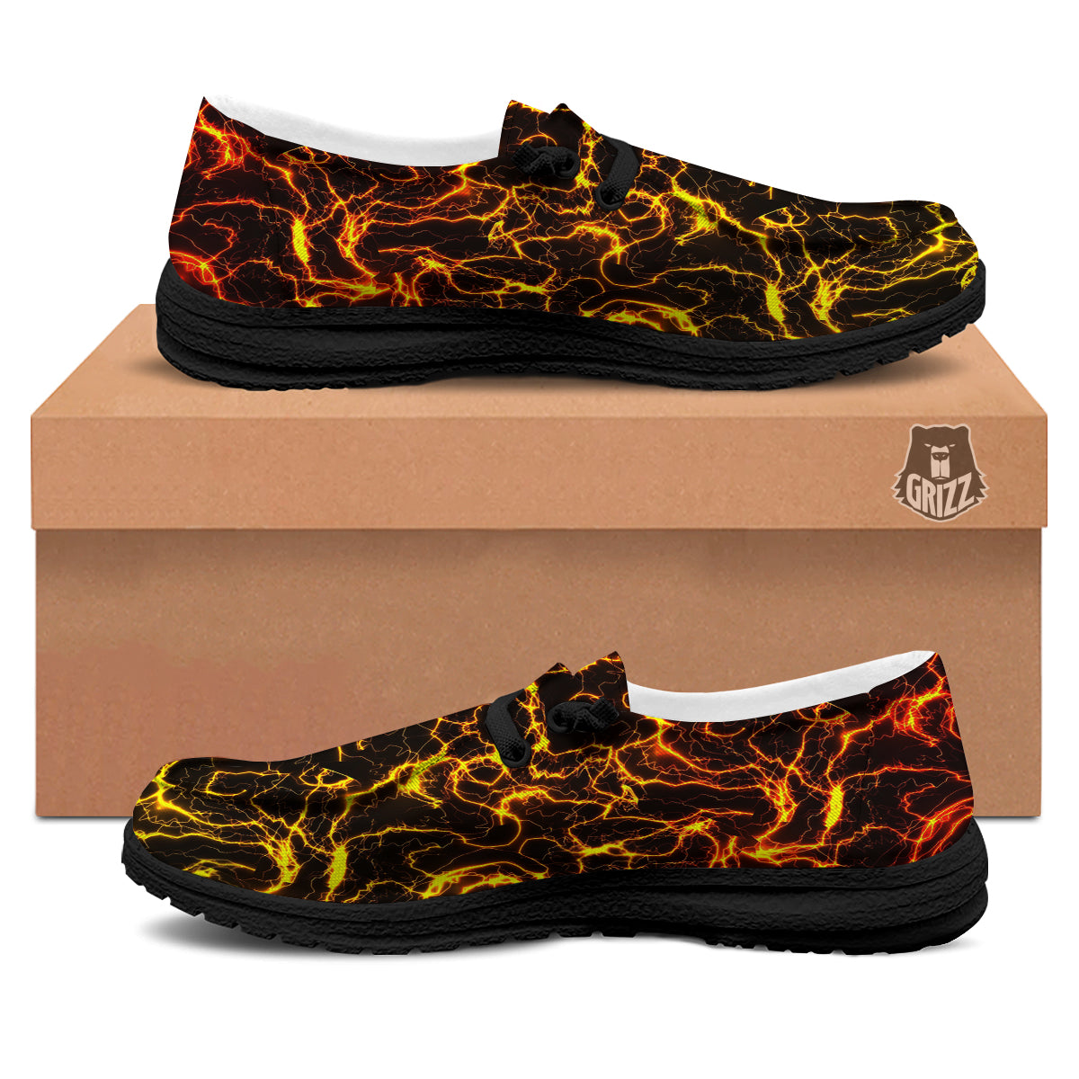 Orange And Gold Lightning Print Black Loafers-grizzshop
