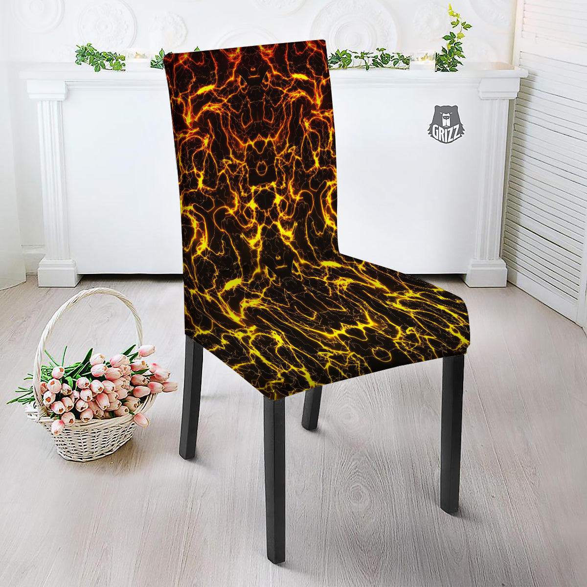 Orange And Gold Lightning Print Dining Chair Slipcover-grizzshop
