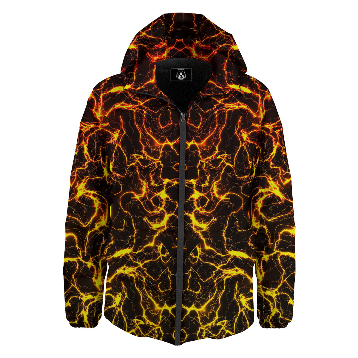 Orange And Gold Lightning Print Down Jacket-grizzshop