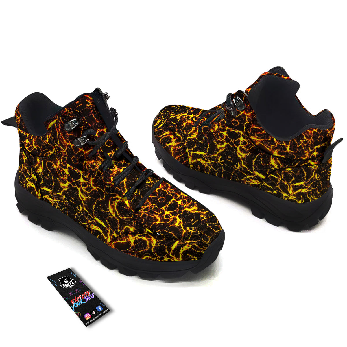 Orange And Gold Lightning Print Hiking Shoes-grizzshop