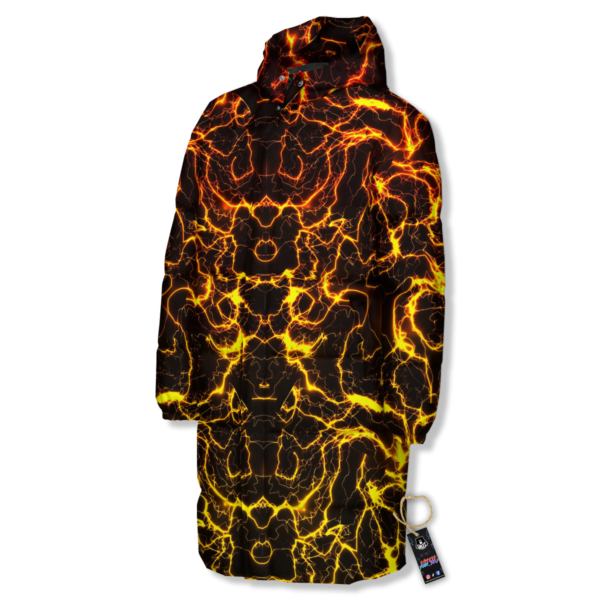 Orange And Gold Lightning Print Long Down Jacket-grizzshop