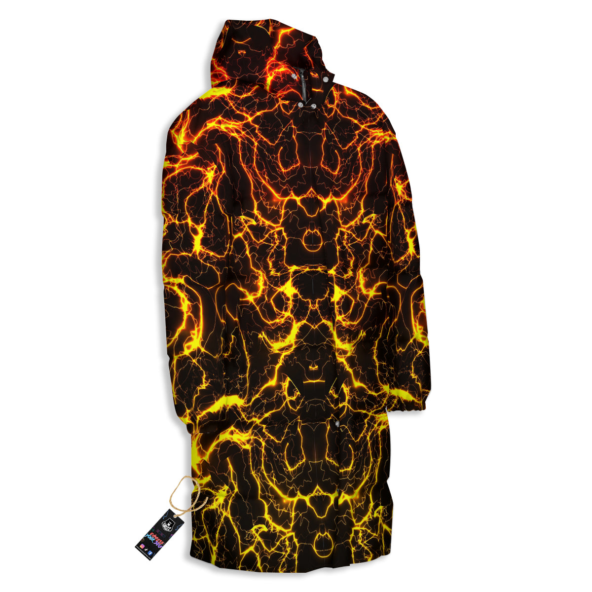Orange And Gold Lightning Print Long Down Jacket-grizzshop