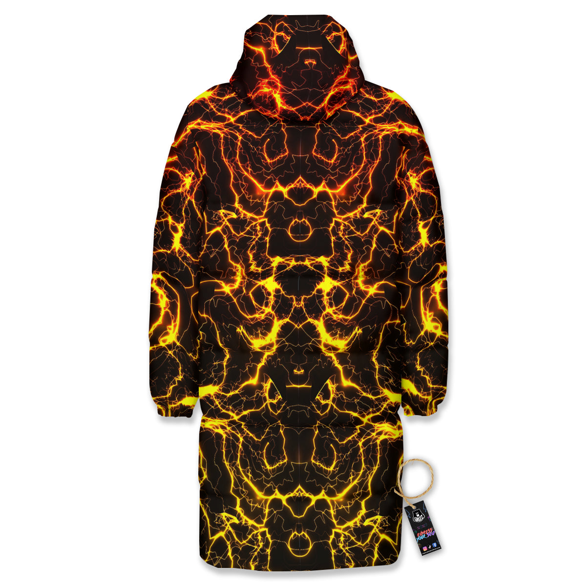 Orange And Gold Lightning Print Long Down Jacket-grizzshop