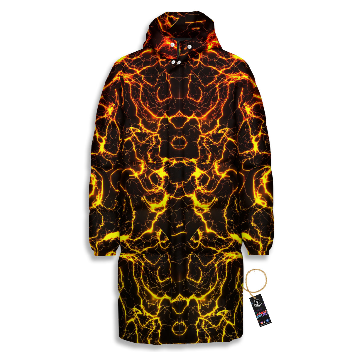 Orange And Gold Lightning Print Long Down Jacket-grizzshop