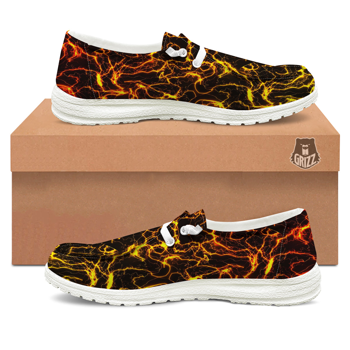 Orange And Gold Lightning Print White Loafers-grizzshop
