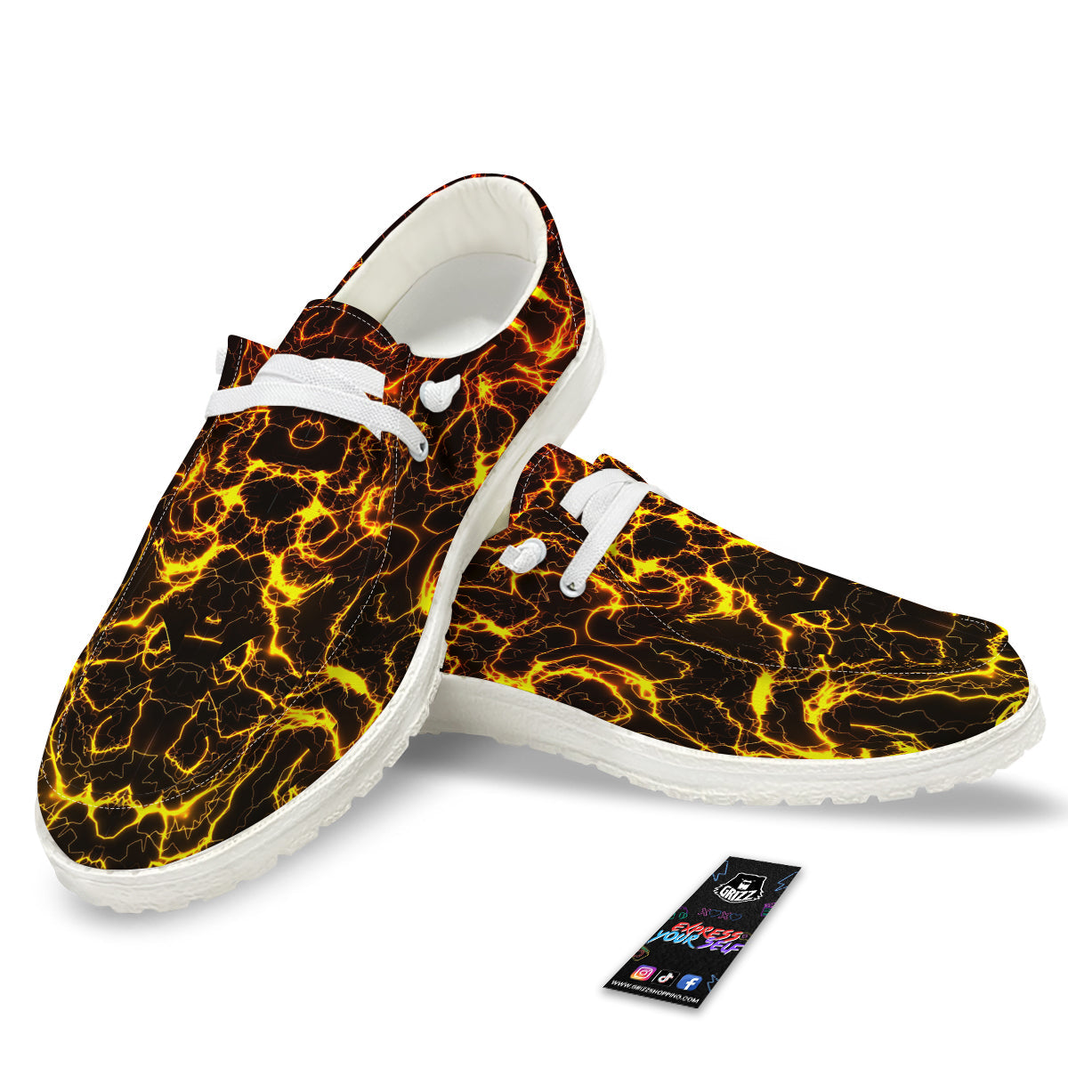 Orange And Gold Lightning Print White Loafers-grizzshop