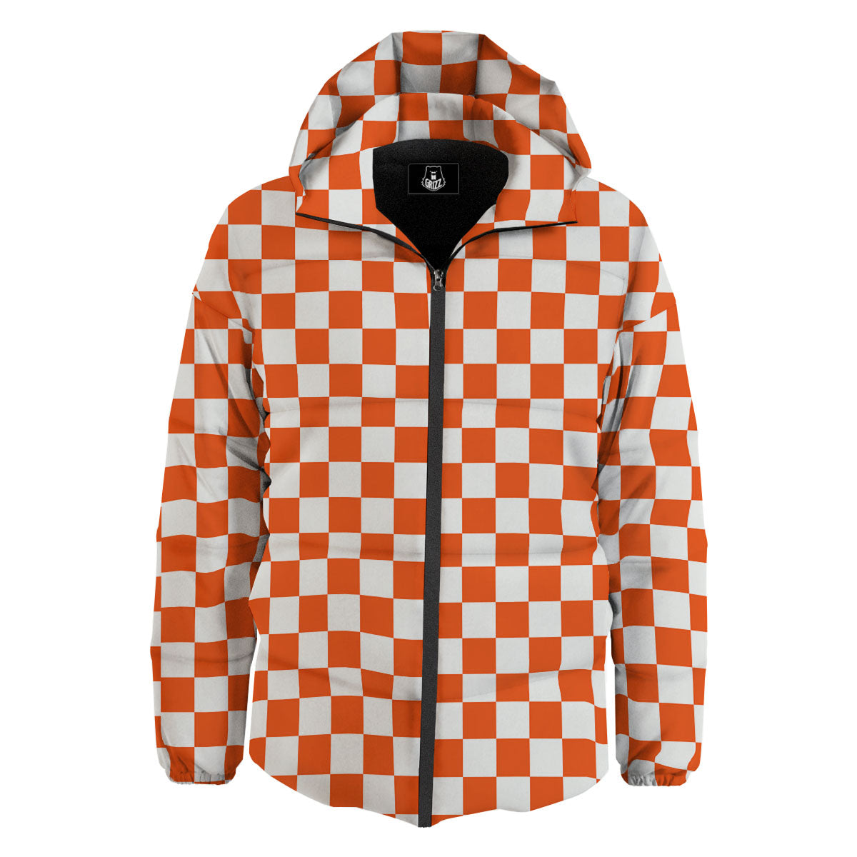 Orange And White Checkered Print Pattern Down Jacket-grizzshop