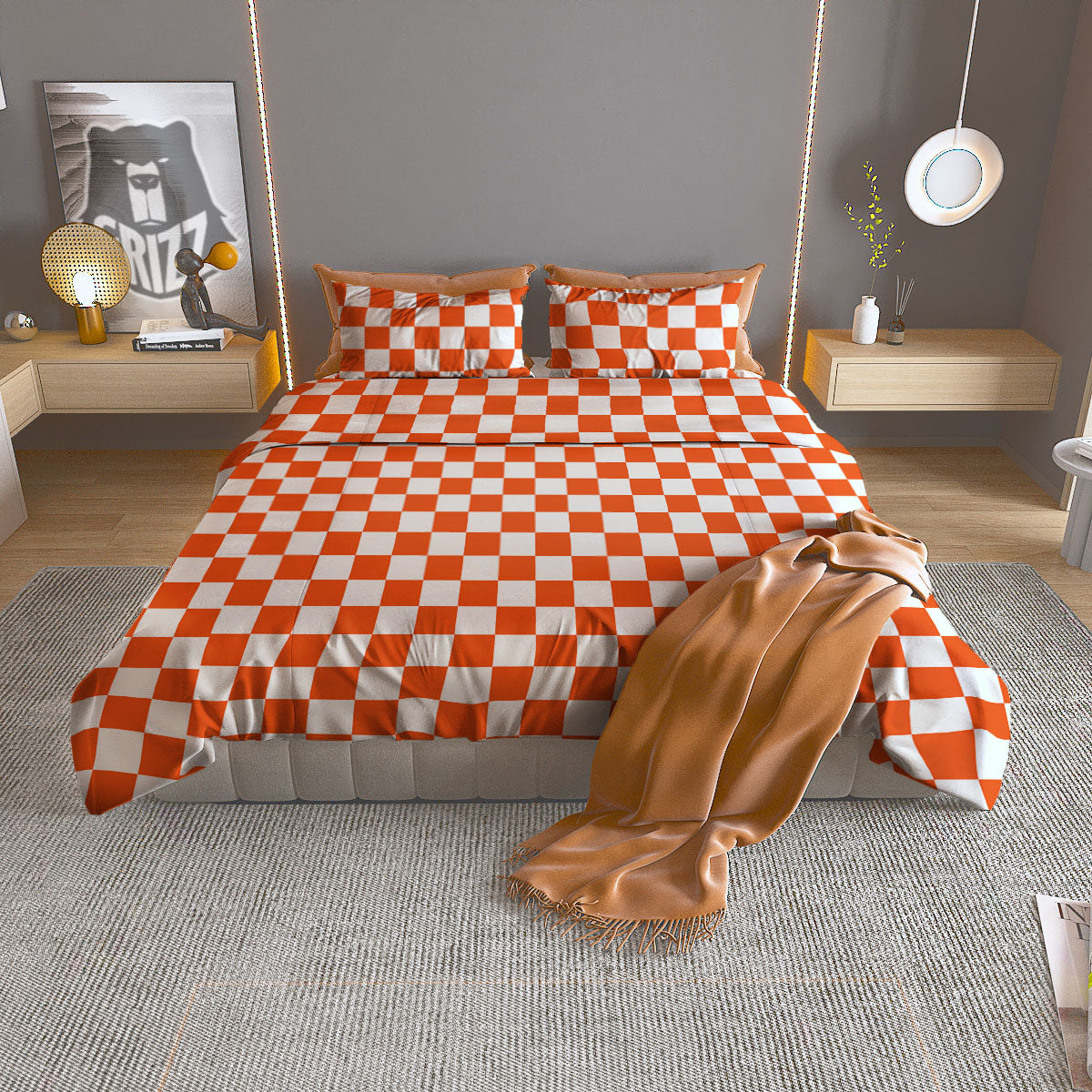 Orange And White Checkered Print Pattern Duvet Cover Bedding Set