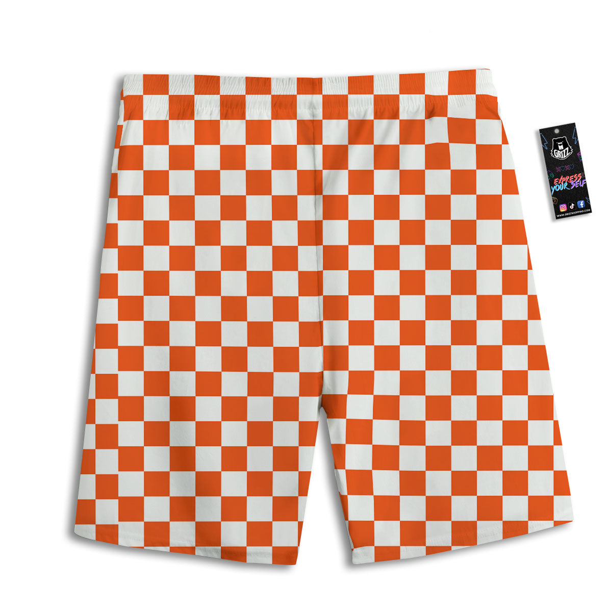 Orange And White Checkered Print Pattern Men's Athletic Shorts