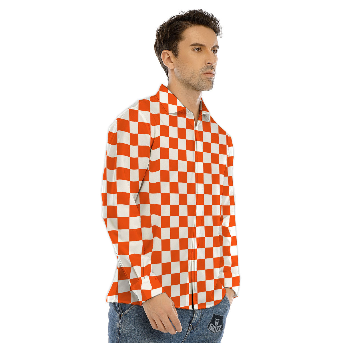 Orange And White Checkered Print Pattern Men's Dress Shirts-grizzshop
