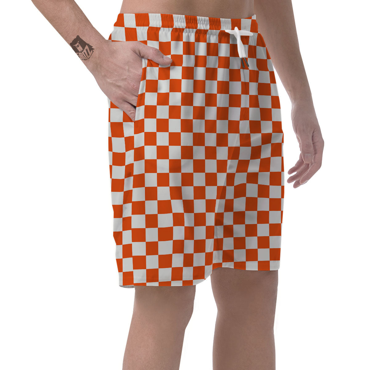 Orange And White Checkered Print Pattern Men's Shorts-grizzshop