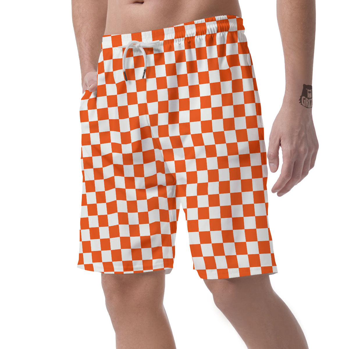 Orange And White Checkered Print Pattern Men's Shorts-grizzshop