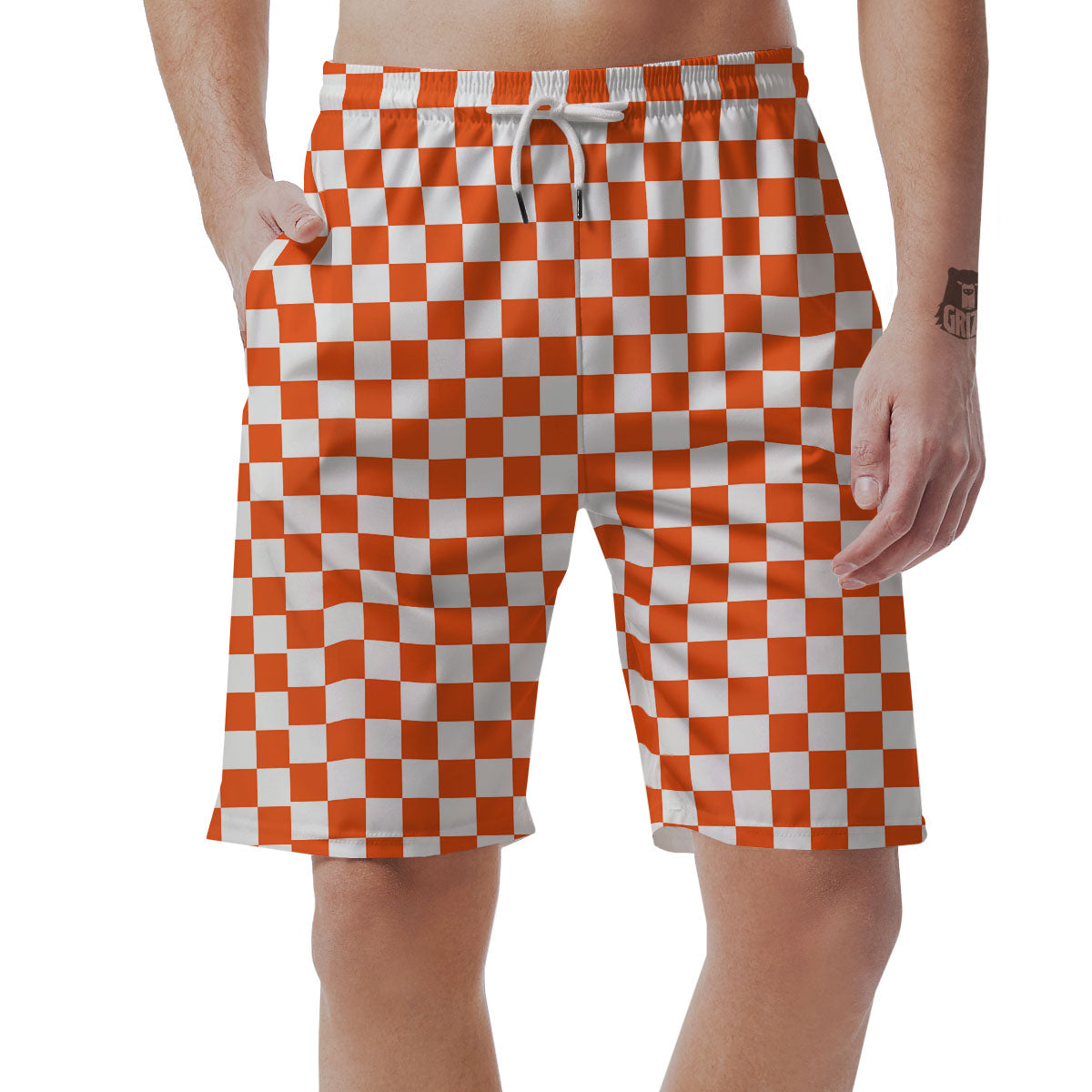 Orange And White Checkered Print Pattern Men's Shorts-grizzshop