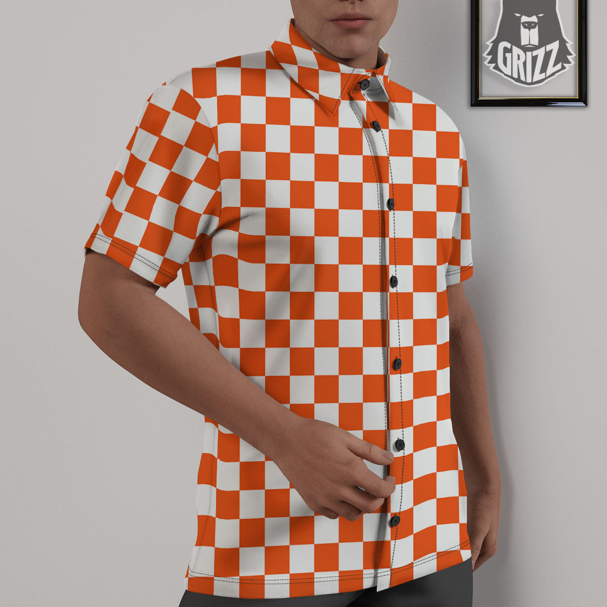 Orange And White Checkered Print Pattern Untucked Shirts-grizzshop