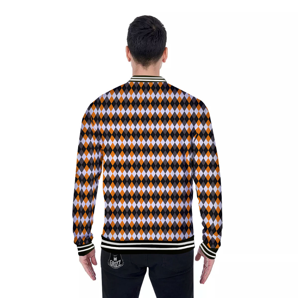 Orange And White Grey Black Argyle Print Baseball Jacket-grizzshop