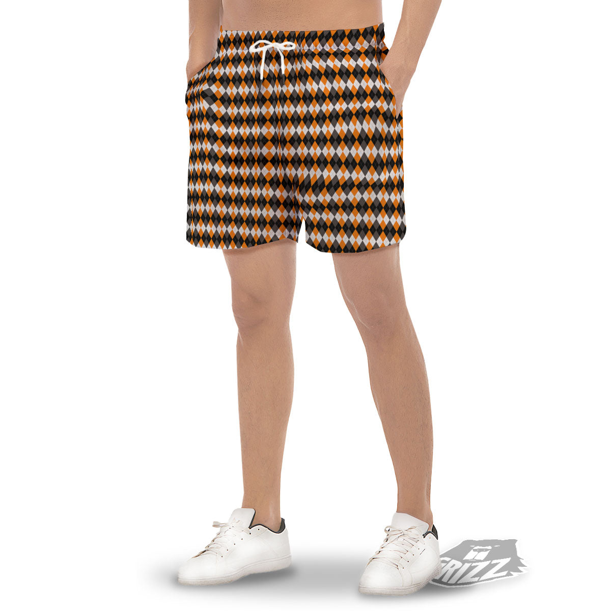 Orange And White Grey Black Argyle Print Men's Gym Shorts-grizzshop