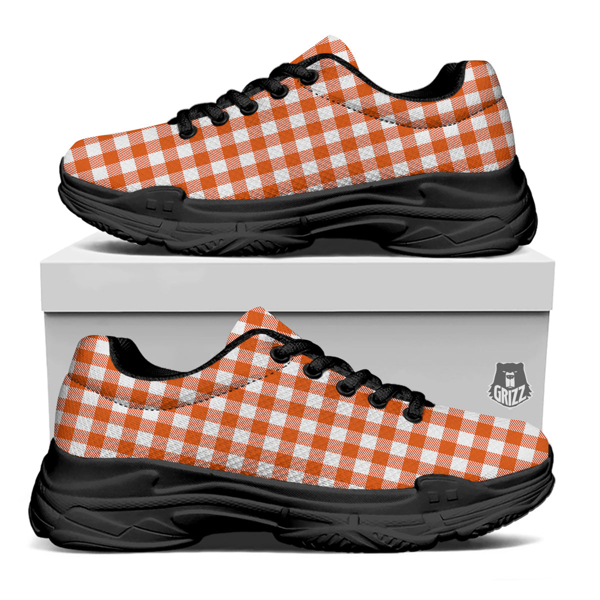 Orange Burnt And White Check Print Black Chunky Shoes-grizzshop