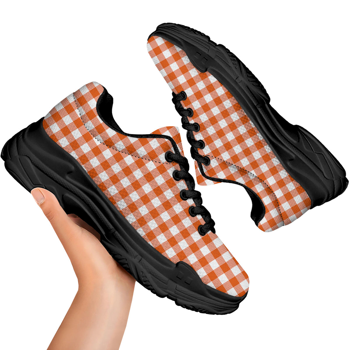 Orange Burnt And White Check Print Black Chunky Shoes-grizzshop