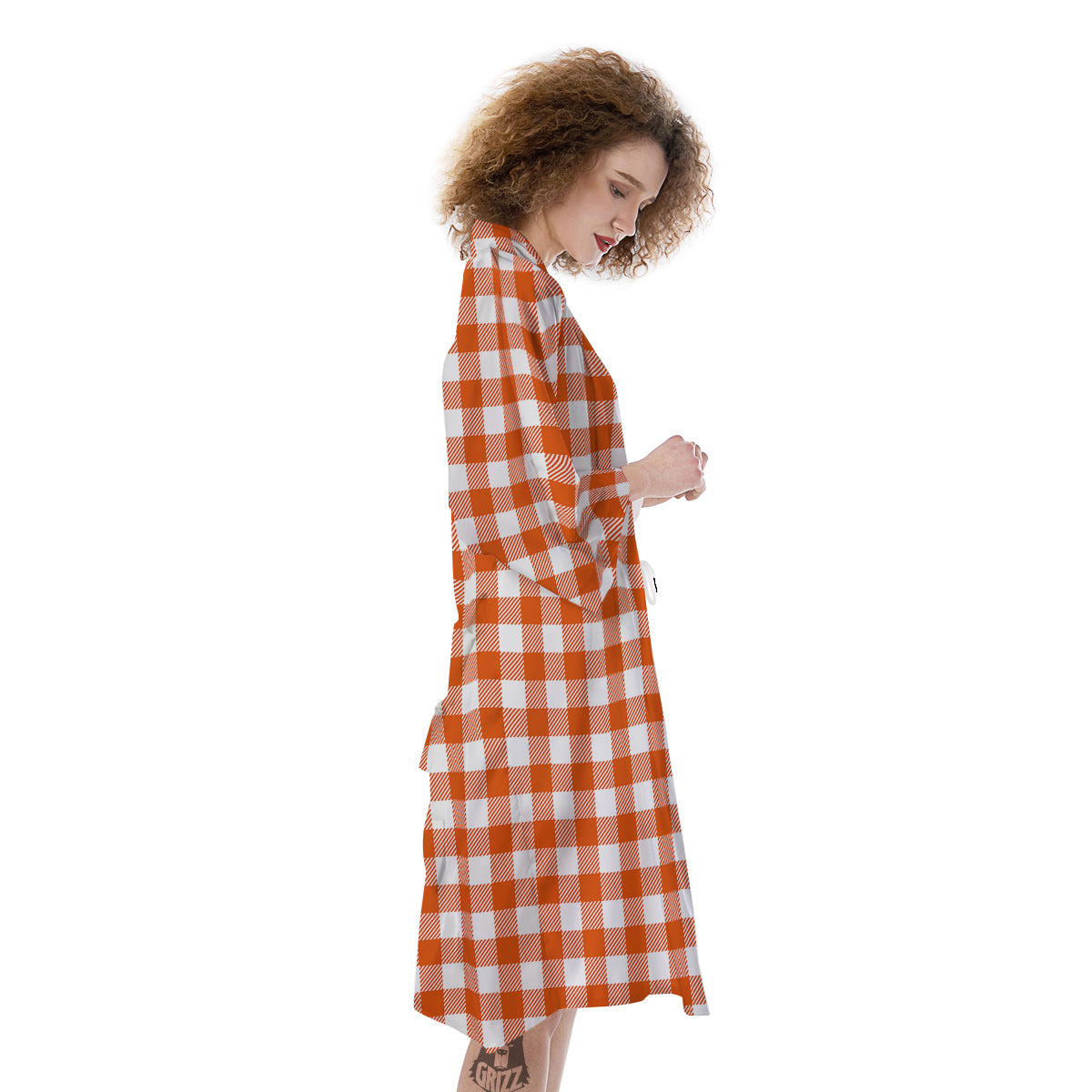 Orange Burnt And White Check Print Kimono-grizzshop