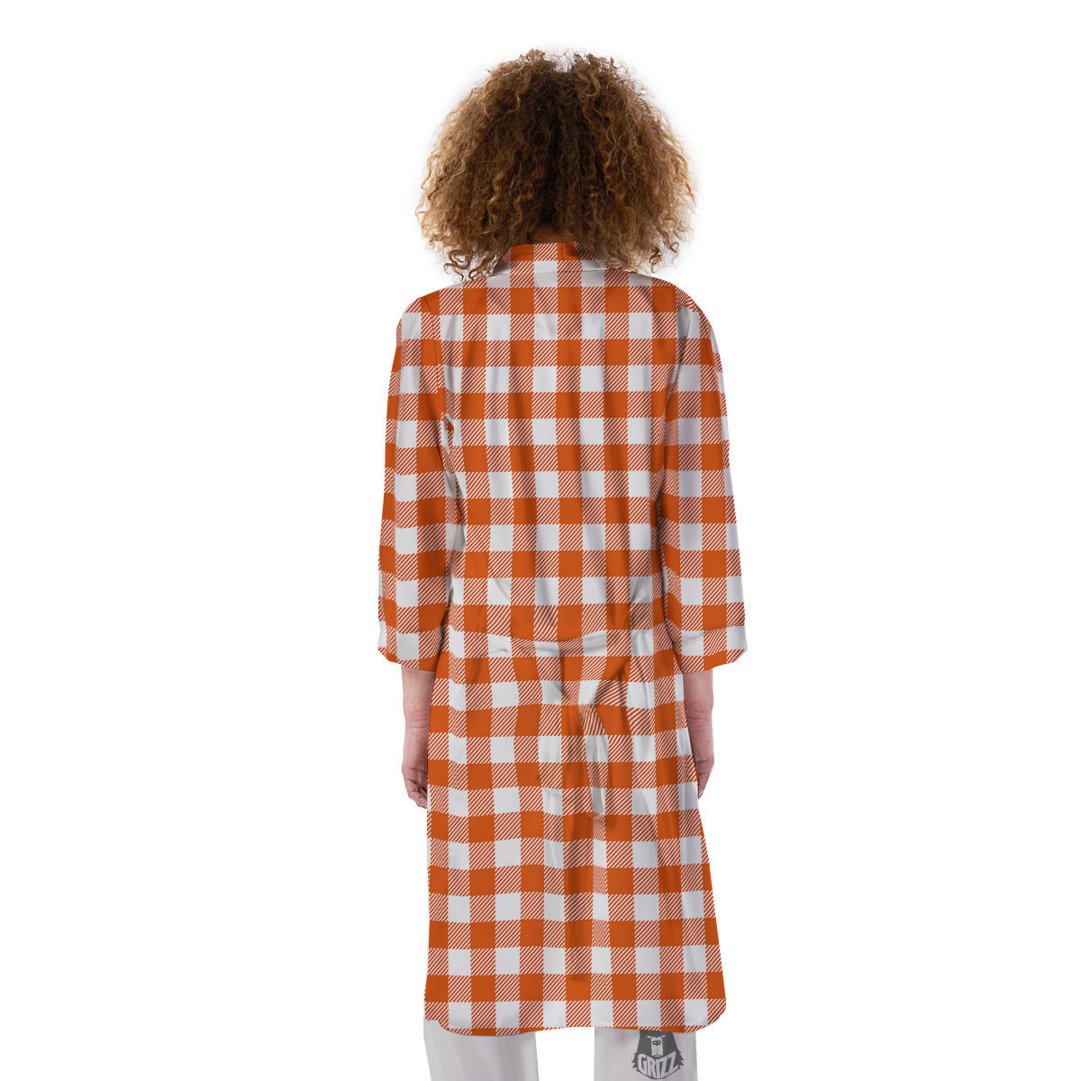 Orange Burnt And White Check Print Kimono-grizzshop