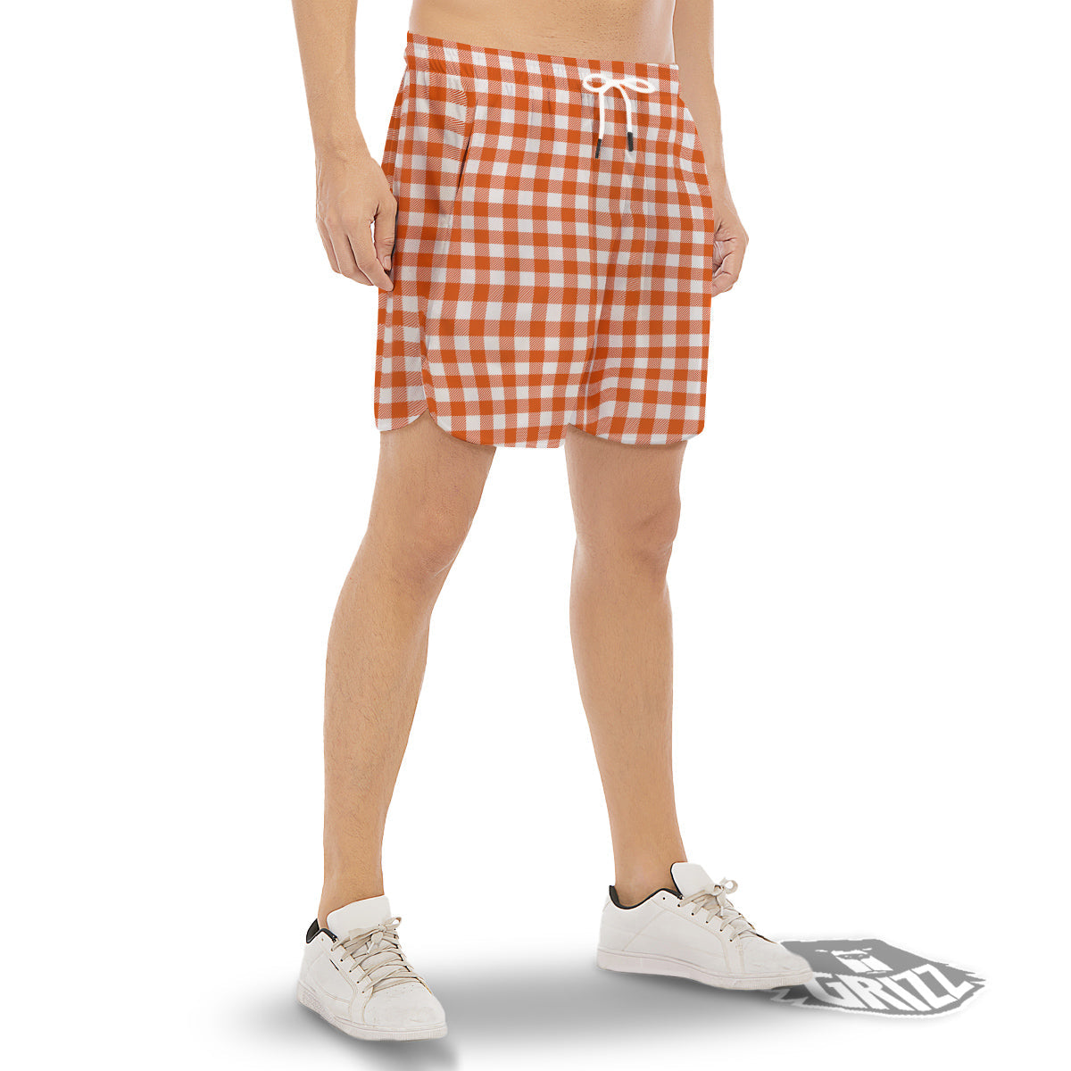Orange Burnt And White Check Print Men's Gym Shorts-grizzshop