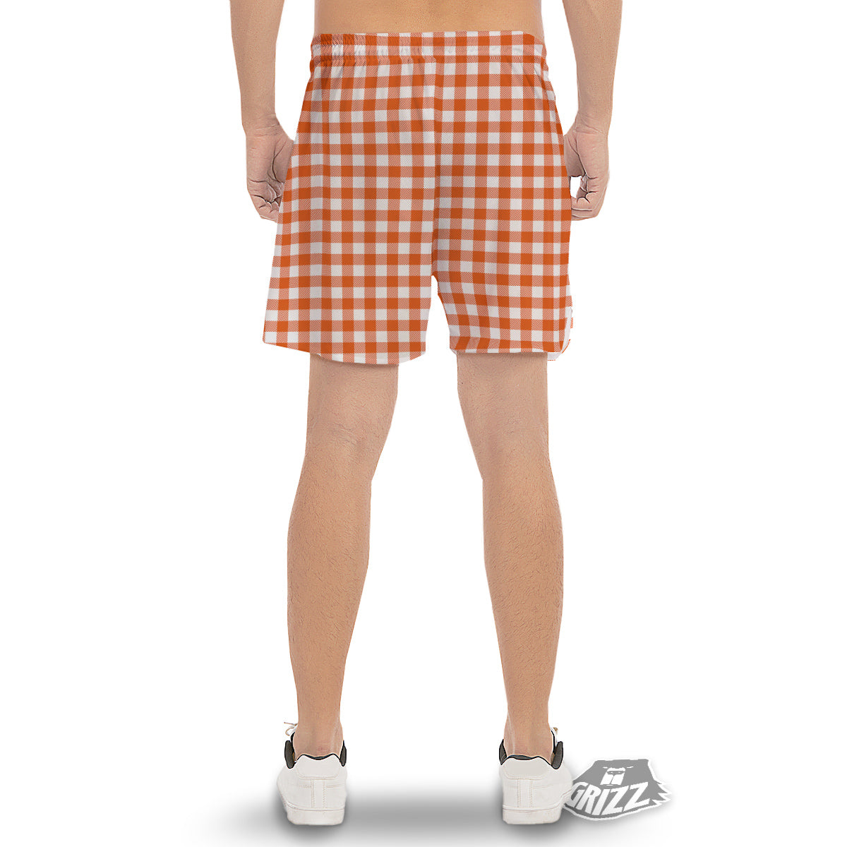 Orange Burnt And White Check Print Men's Gym Shorts-grizzshop