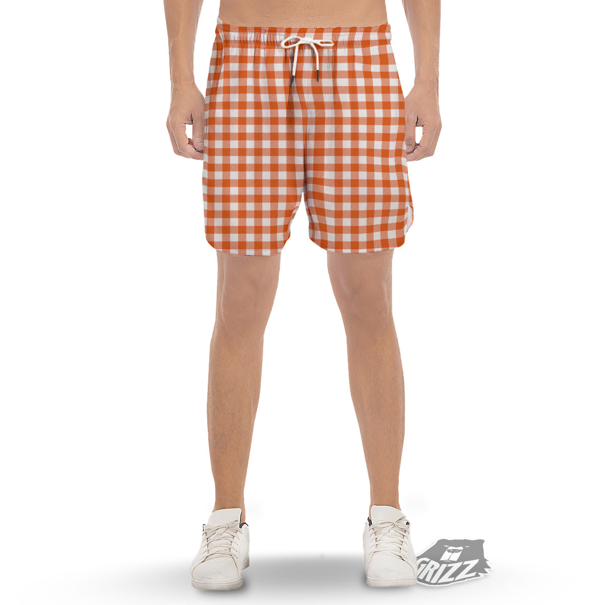 Orange Burnt And White Check Print Men's Gym Shorts-grizzshop
