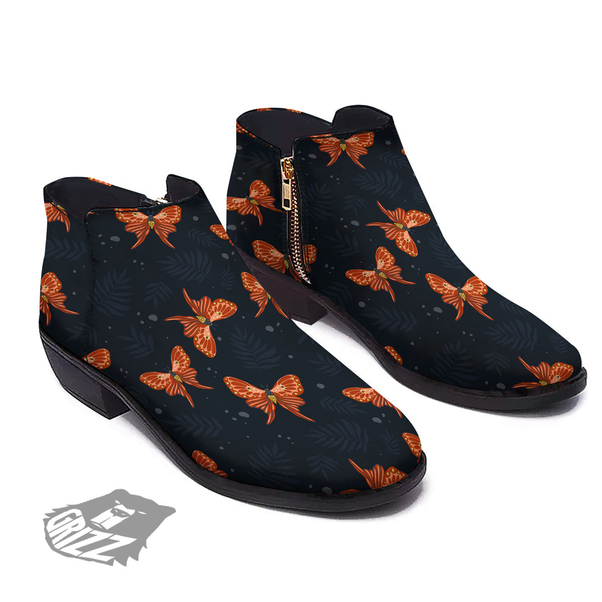 Orange Butterfly Monarch Print Pattern Ankle Boots-grizzshop