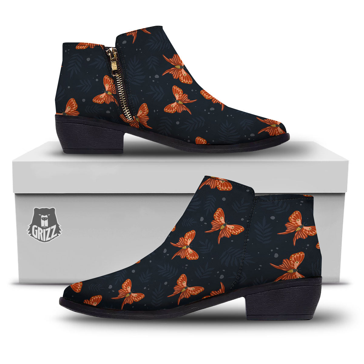 Orange Butterfly Monarch Print Pattern Ankle Boots-grizzshop