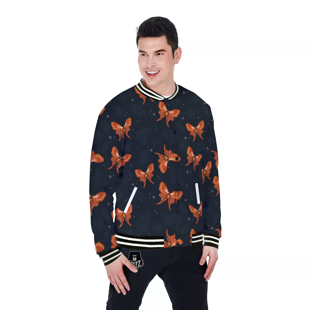 Orange Butterfly Monarch Print Pattern Baseball Jacket-grizzshop