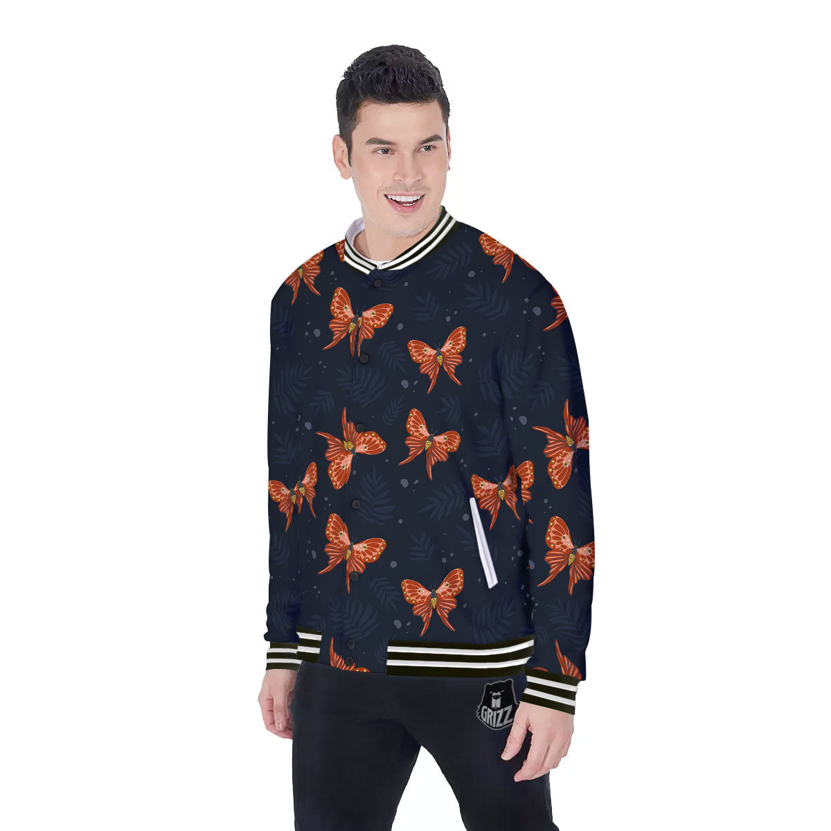Orange Butterfly Monarch Print Pattern Baseball Jacket-grizzshop