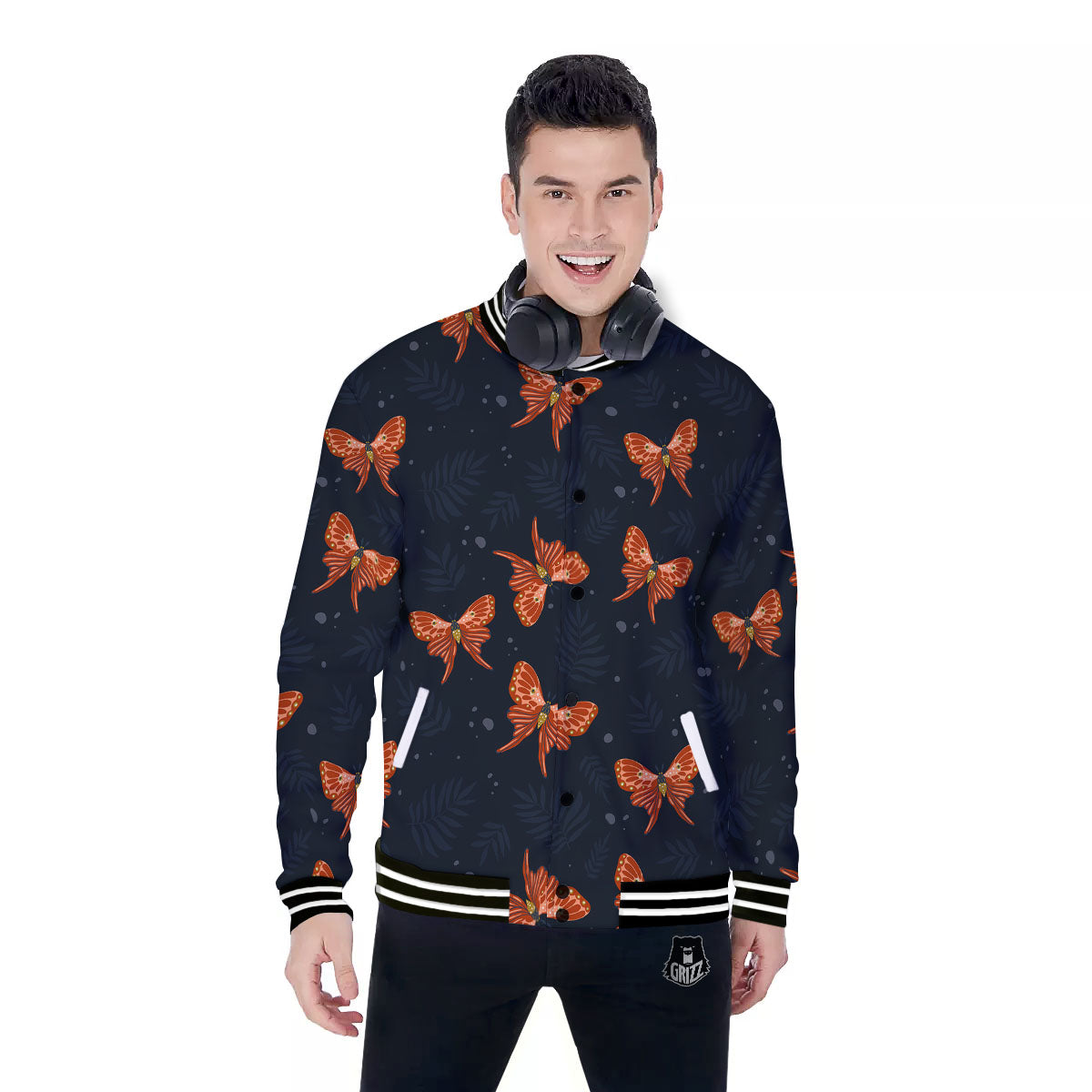 Orange Butterfly Monarch Print Pattern Baseball Jacket-grizzshop