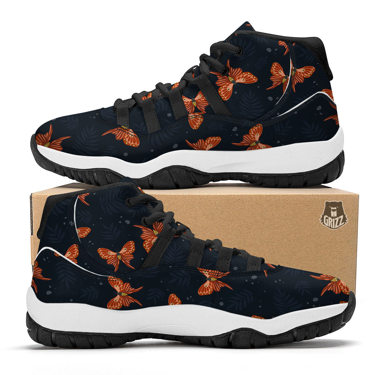 Orange Butterfly Monarch Print Pattern Black Bball Shoes-grizzshop