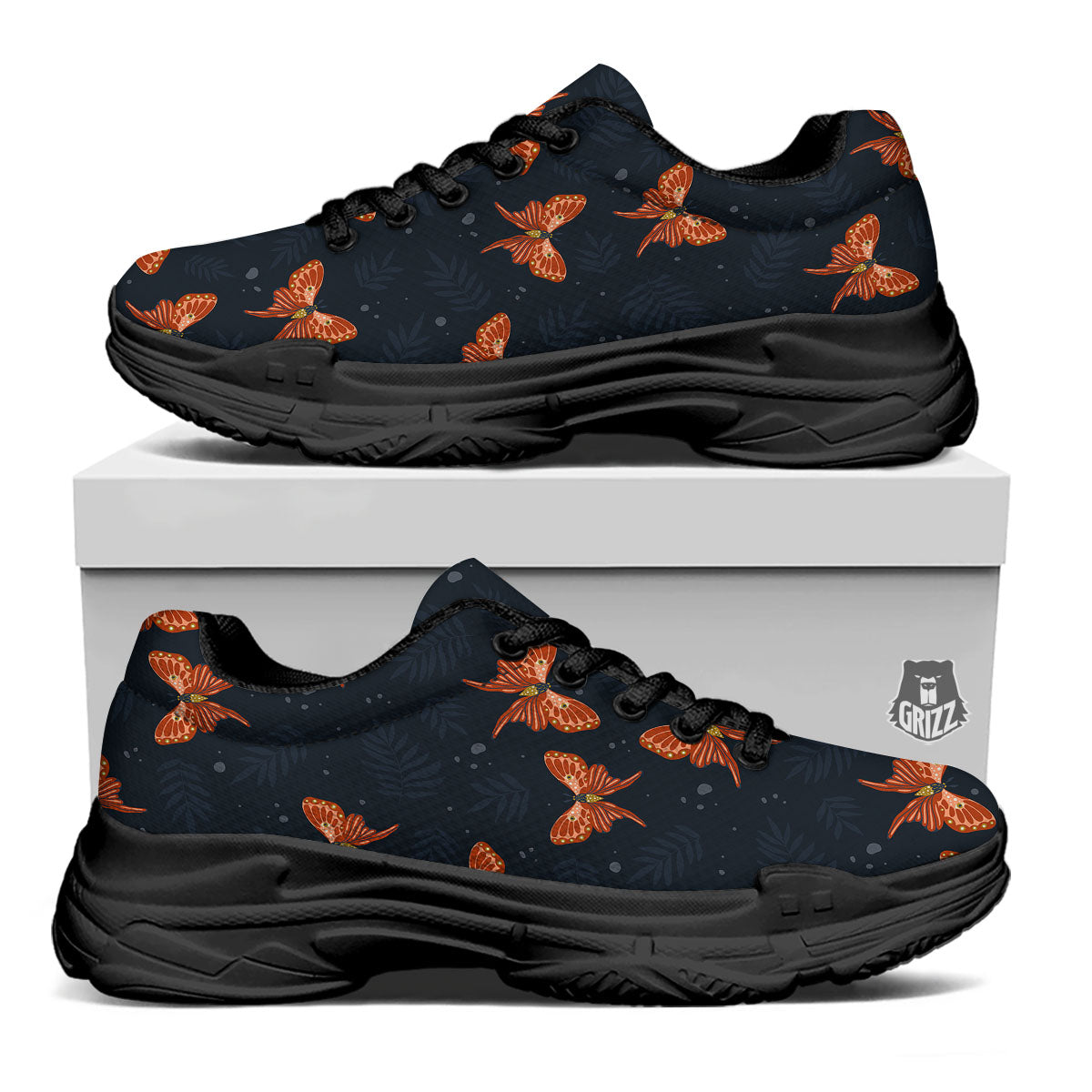 Orange Butterfly Monarch Print Pattern Black Chunky Shoes-grizzshop