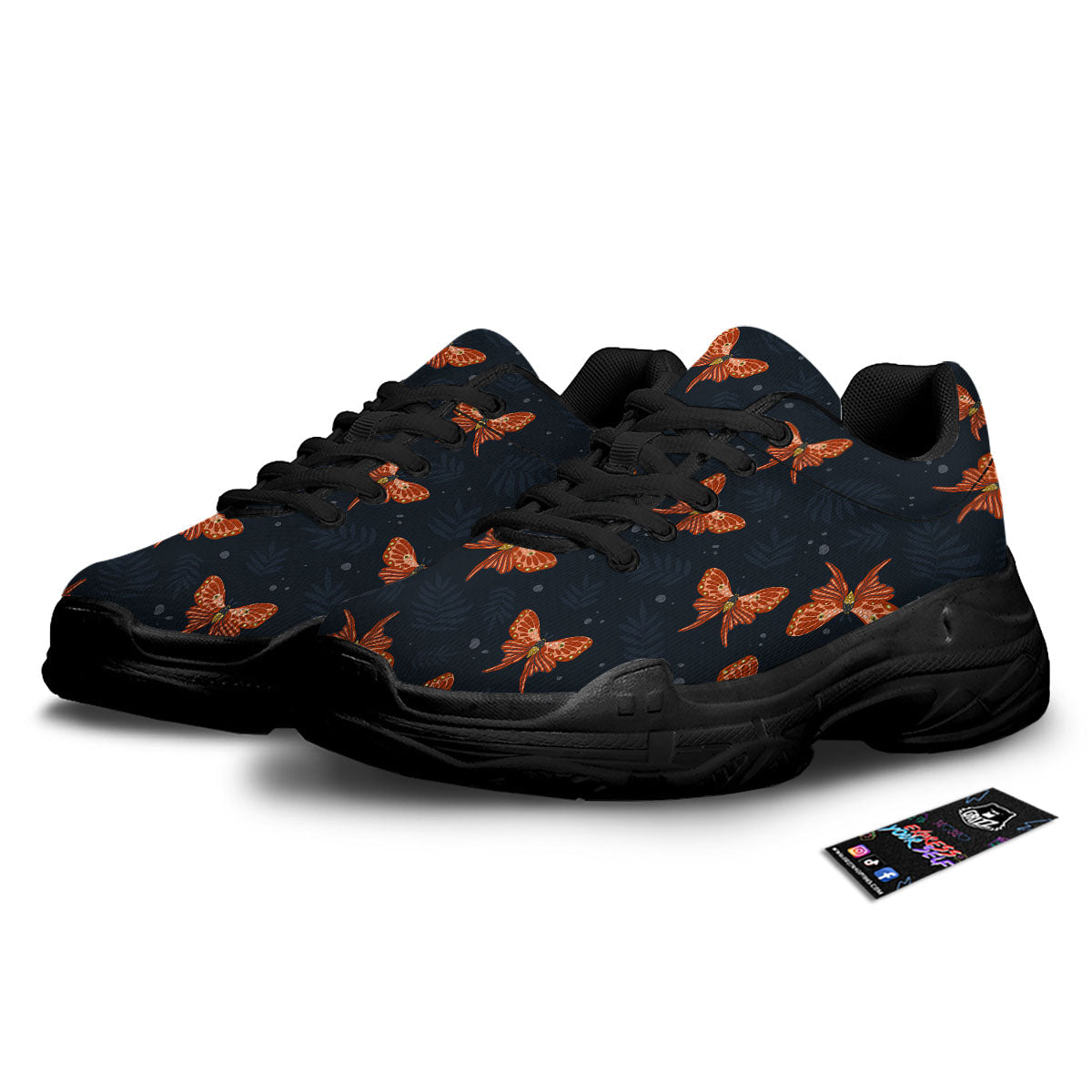Orange Butterfly Monarch Print Pattern Black Chunky Shoes-grizzshop