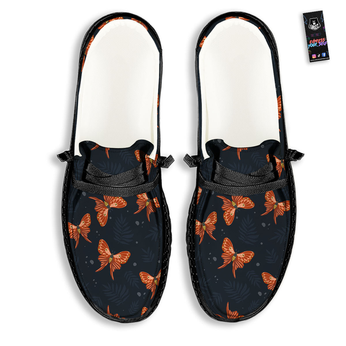 Orange Butterfly Monarch Print Pattern Black Loafers-grizzshop