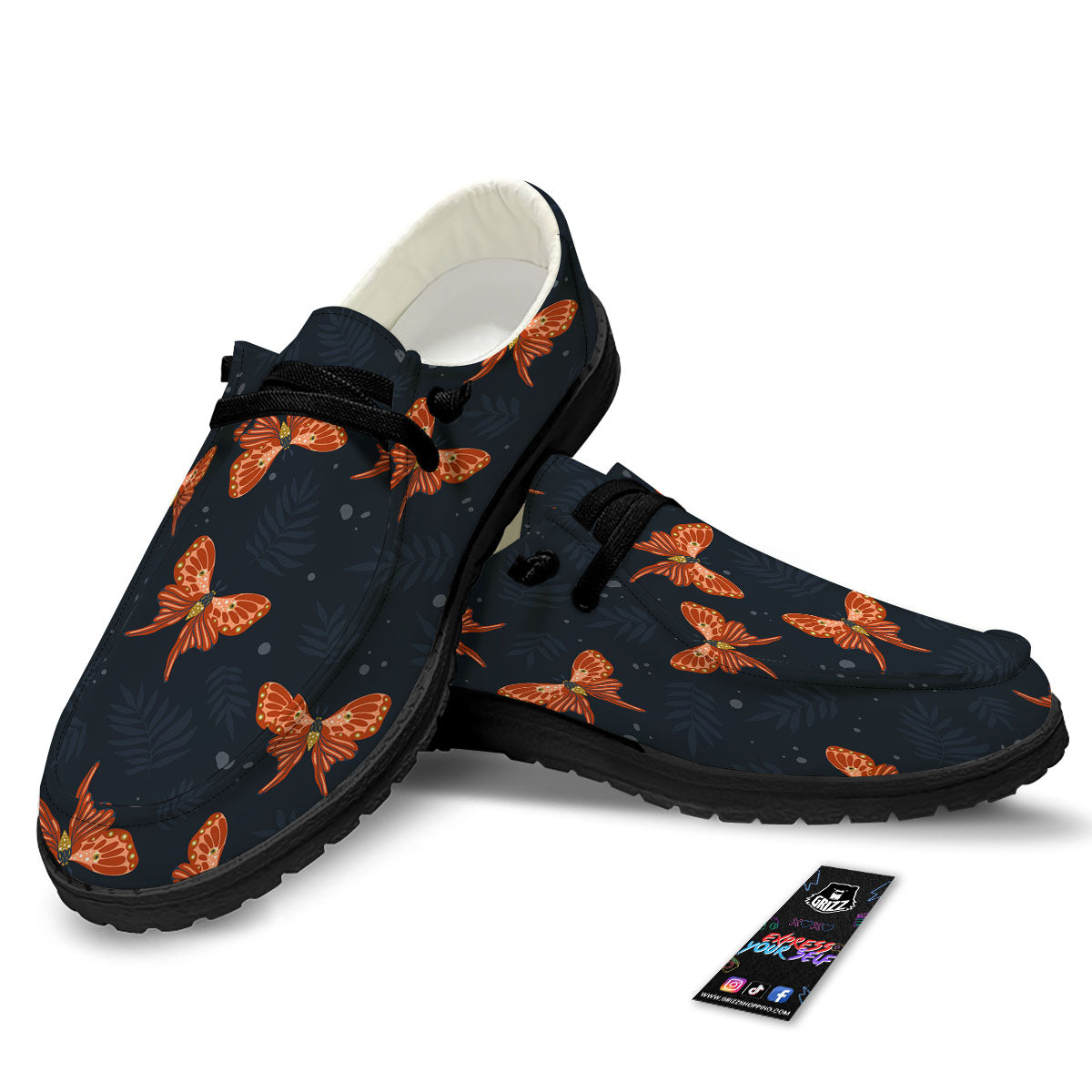 Orange Butterfly Monarch Print Pattern Black Loafers-grizzshop